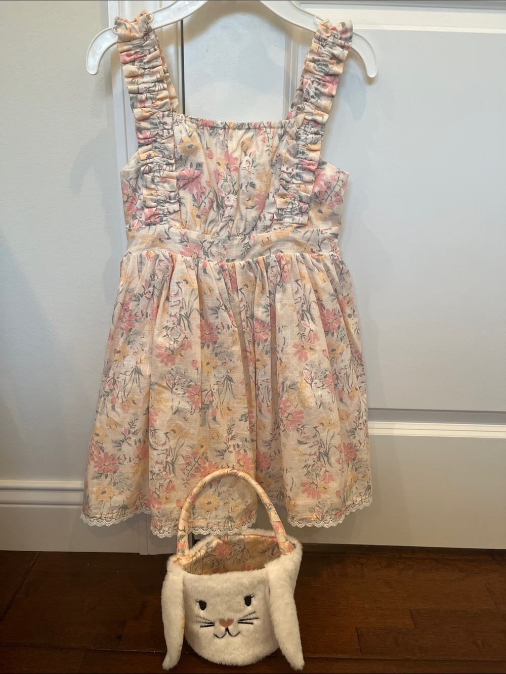 Girls' Floral Ruffle Strap Dress with matching Easter basket